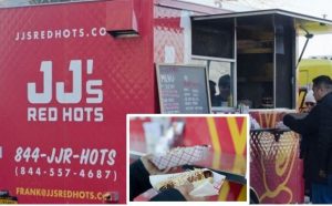 Collage of JJ's Red Hots food truck