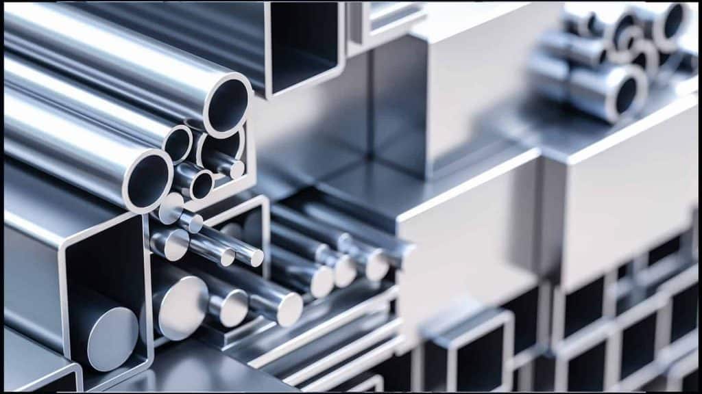 Metal tubes in spherical, rectangle, and square shapes. They are stacked randomly atop each other.