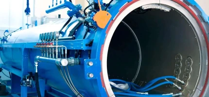 Blue hyperbaric medical chamber with door open, displaying interior.