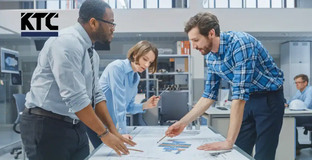 Group of three people at a table discussing plans