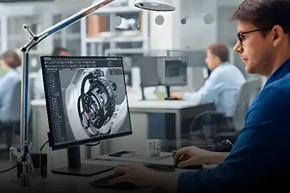Engineer reviewing a CAD model for build-to-print manufacturing in a technical design workspace