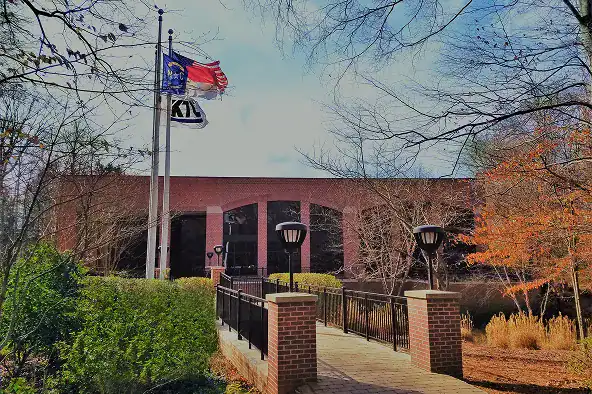 Keller Technology Corporation facility with American, North Carolina and KTC flags