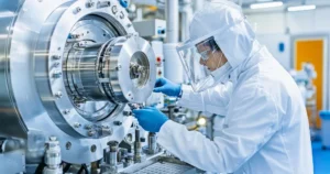 Technician performing vacuum leak testing on high vacuum and UHV equipment in a cleanroom