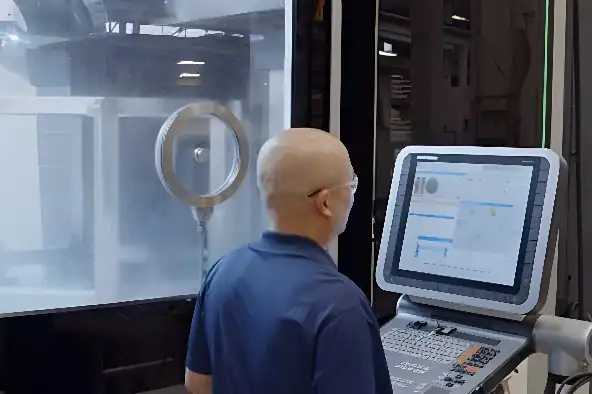 Technician operating a CNC machining system from a control panel.
