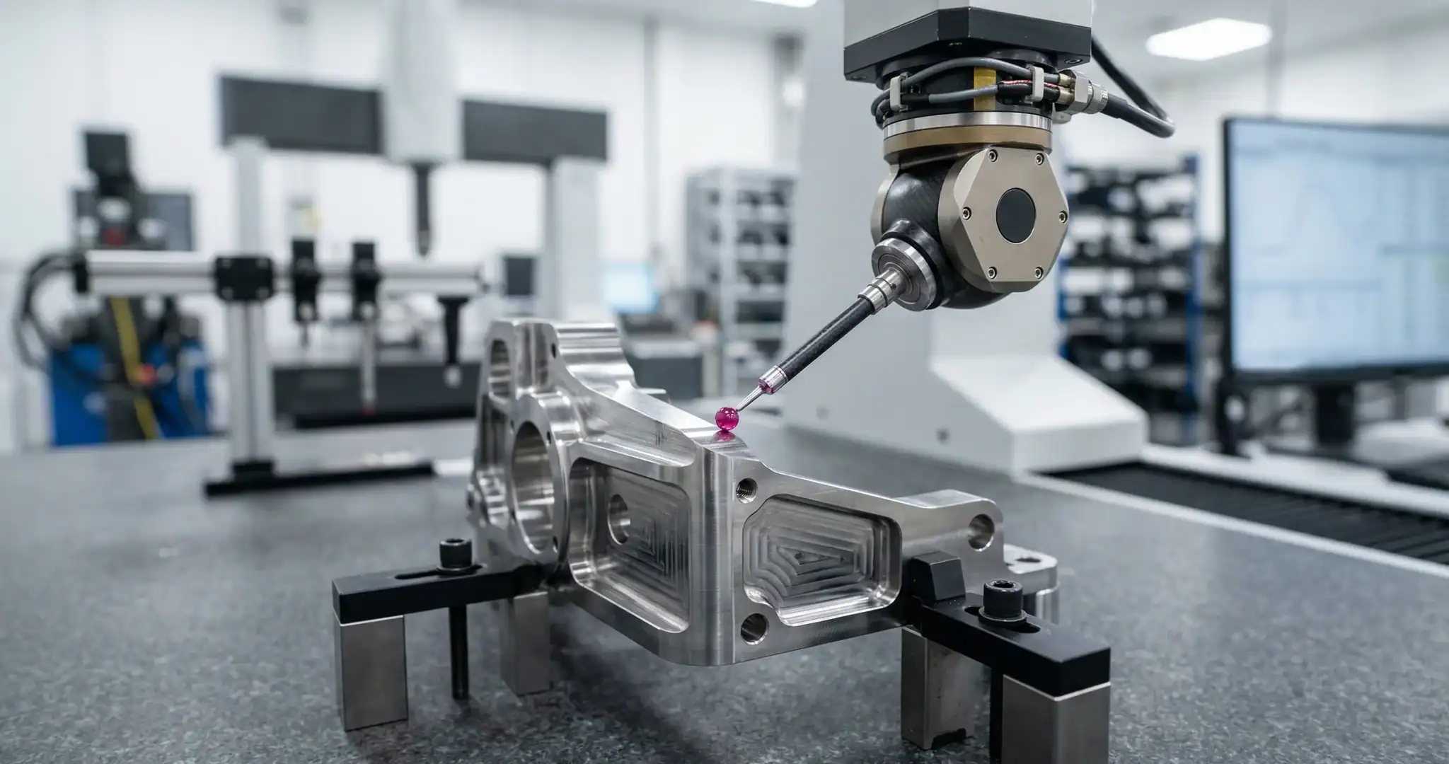 Coordinate measuring machine verifying dimensional accuracy on a precision fabricated metal component.
