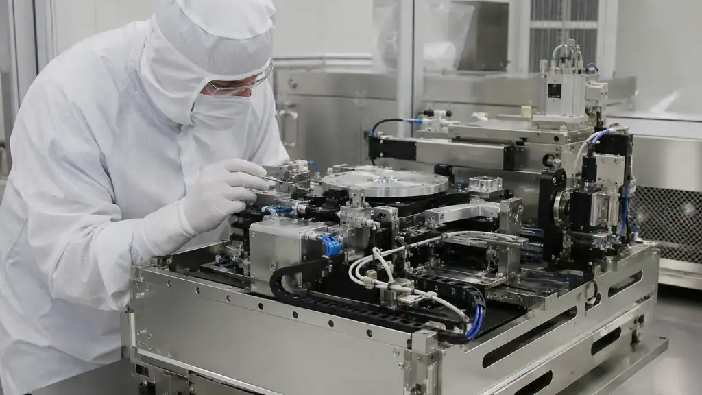 Technician working on a cleanroom-assembled metrology high-level assembly for semiconductor inspection equipment