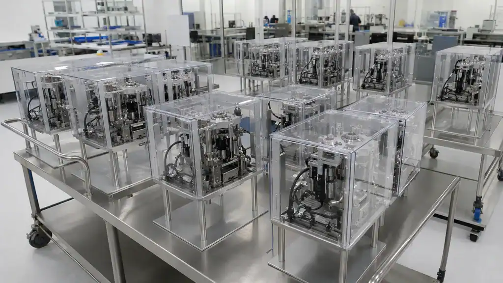 Multiple semiconductor process modules in clear protective enclosures on rolling carts in a cleanroom